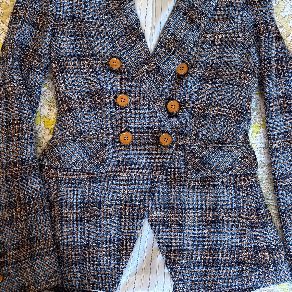 Veronica Beard blazer, blue plaid, brown stripe, double breast size 0